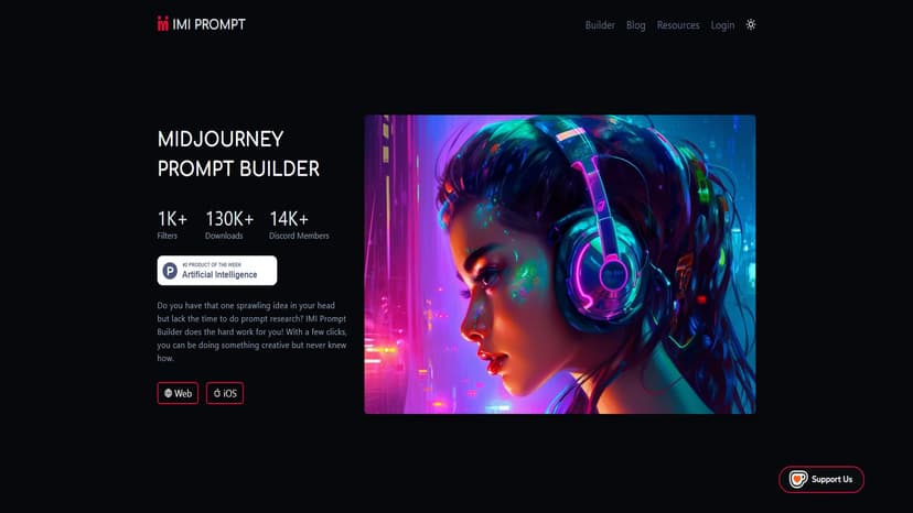 IMI Prompt Builder - IMI Prompt Builder是一款全面的Midjourney v5提示生成器，提供了数千个选项在web、Android和iOS上可用。只需几次点击，就能创建出独特的Midjourney v5艺术作品来体现用户个人风格和艺术构思。