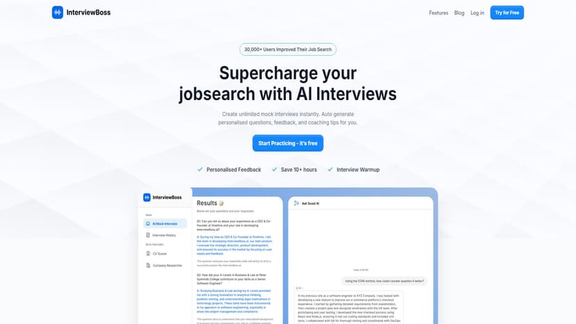 InterviewBoss - InterviewBoss是一款领先的AI驱动面试准备工具，提供定制化模拟面试、实时反馈和专家策略，为求职者打造卓越的面试体验。