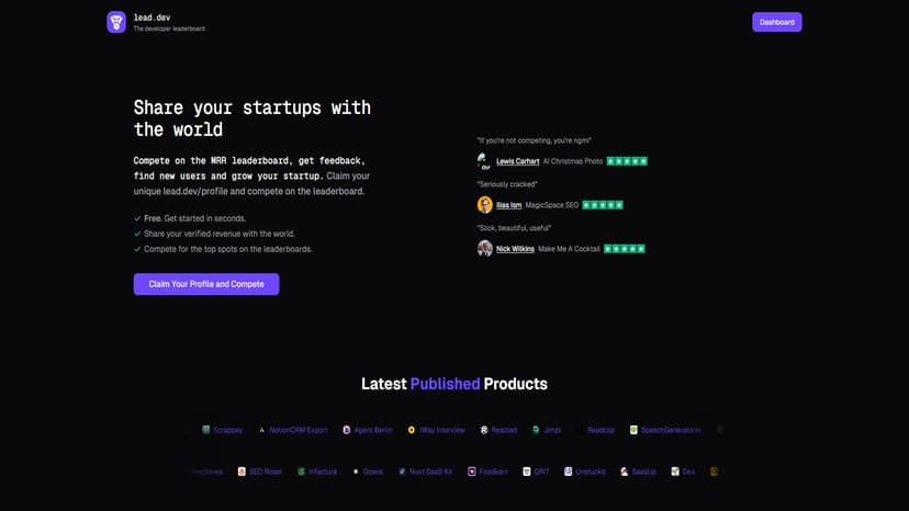 lead.dev - 通过lead.dev分享你的初创公司，参与MRR排行榜竞争，获取反馈，寻找用户并促进增长。