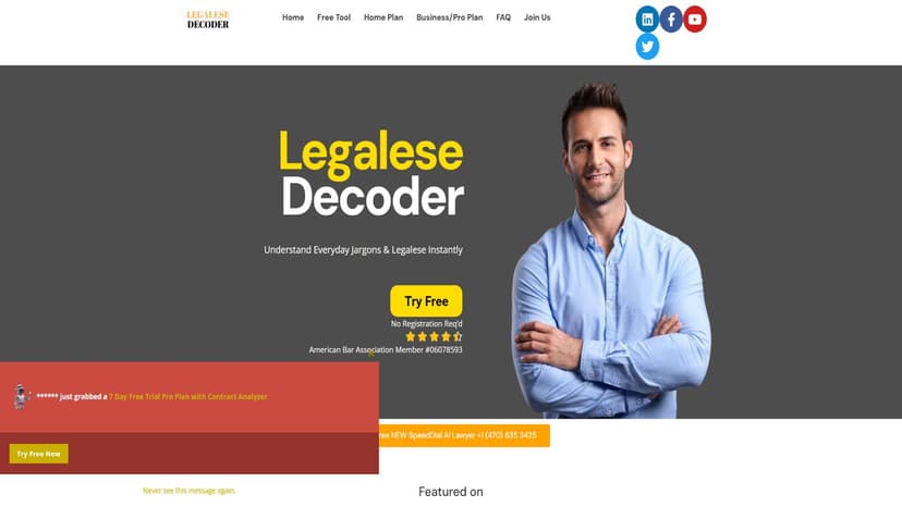 Legalese Decoder - LegaleseDecoder是一款AI工具，旨在帮助用户快速理解和解释日常用语、术语和法律用语。通过该工具，您可以无需注册，即可获取美国律师协会认证的专业法律翻译服务。