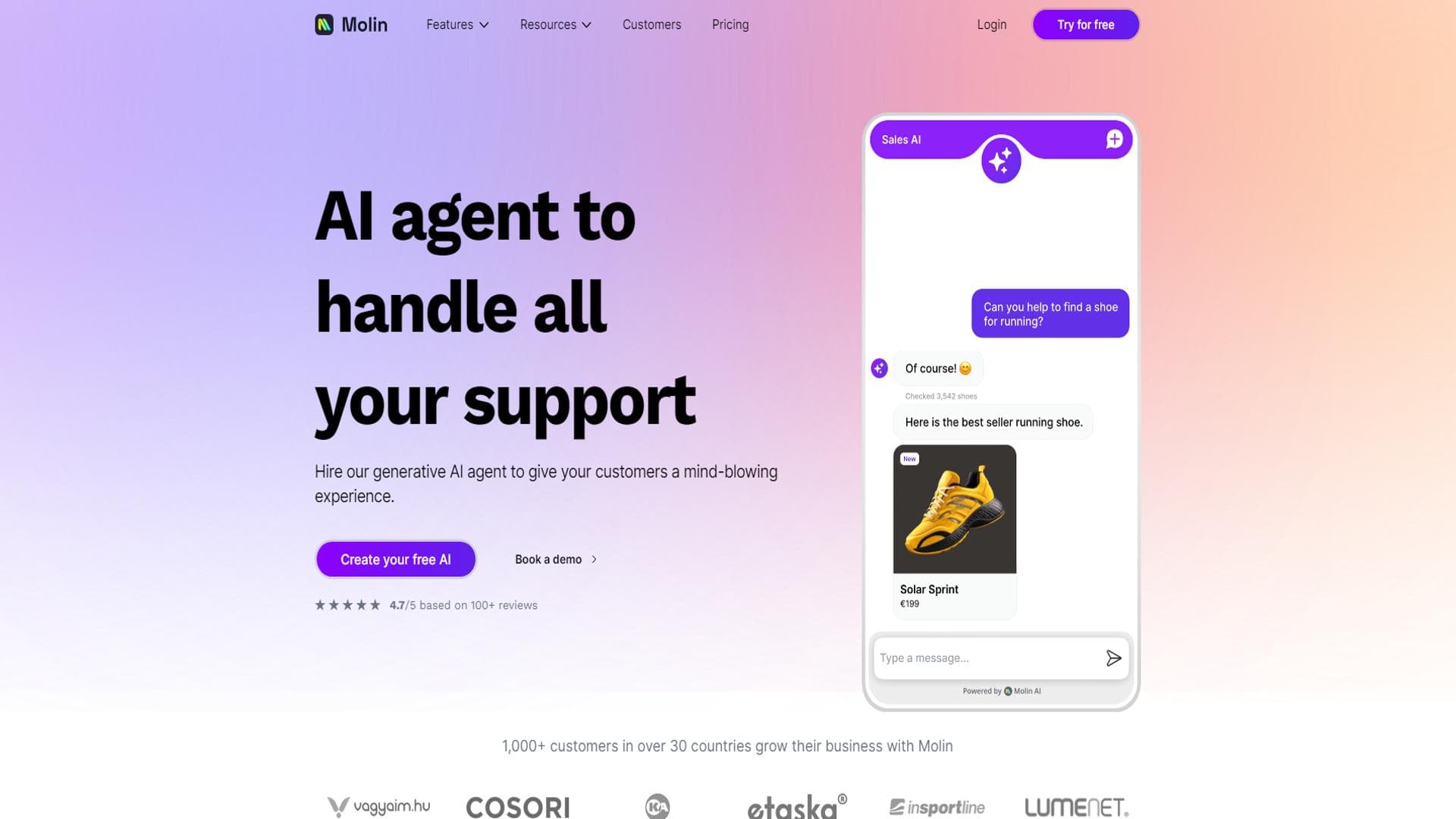 Molin AI - Molin帮助电子商务公司提供24/7客户服务，增加销售和降低成本。