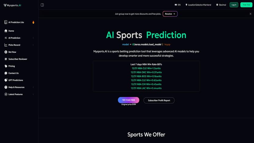 Mysports AI - Mysports AI是一款专注于体育竞技领域的AI工具，提供免费、高准确性的赛事预测服务。该平台涵盖NFL、NBA、MLB和NHL等多个主要联赛，并利用先进的人工智能算法为用户提供了可靠的分析和建议，帮助他们提高赌场盈利能力。