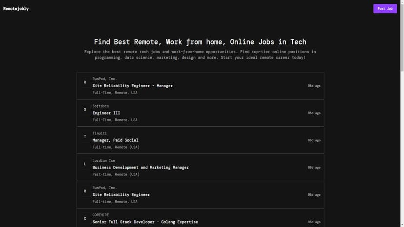 Remotejobly - 探索顶级远程技术职位，涵盖编程、数据科学、市场营销和设计等领域。