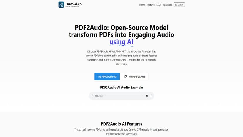 PDF2Audio - PDF2Audio是一款开源AI工具，可将PDF转换为灵活且可定制的音频输出。