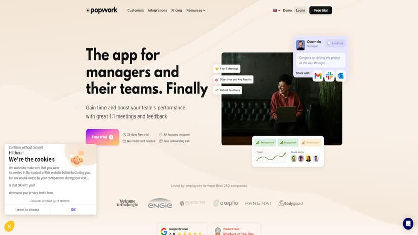 Popwork - Popwork是一款集成反馈引发、共享和可视化管理于一体的工具，旨在帮助企业构建持续反馈文化。通过定期经理与员工之间的交流，并提供即时反馈分享功能，Popwork使得团队成员可以更好地了解彼此的需求并提高效率。