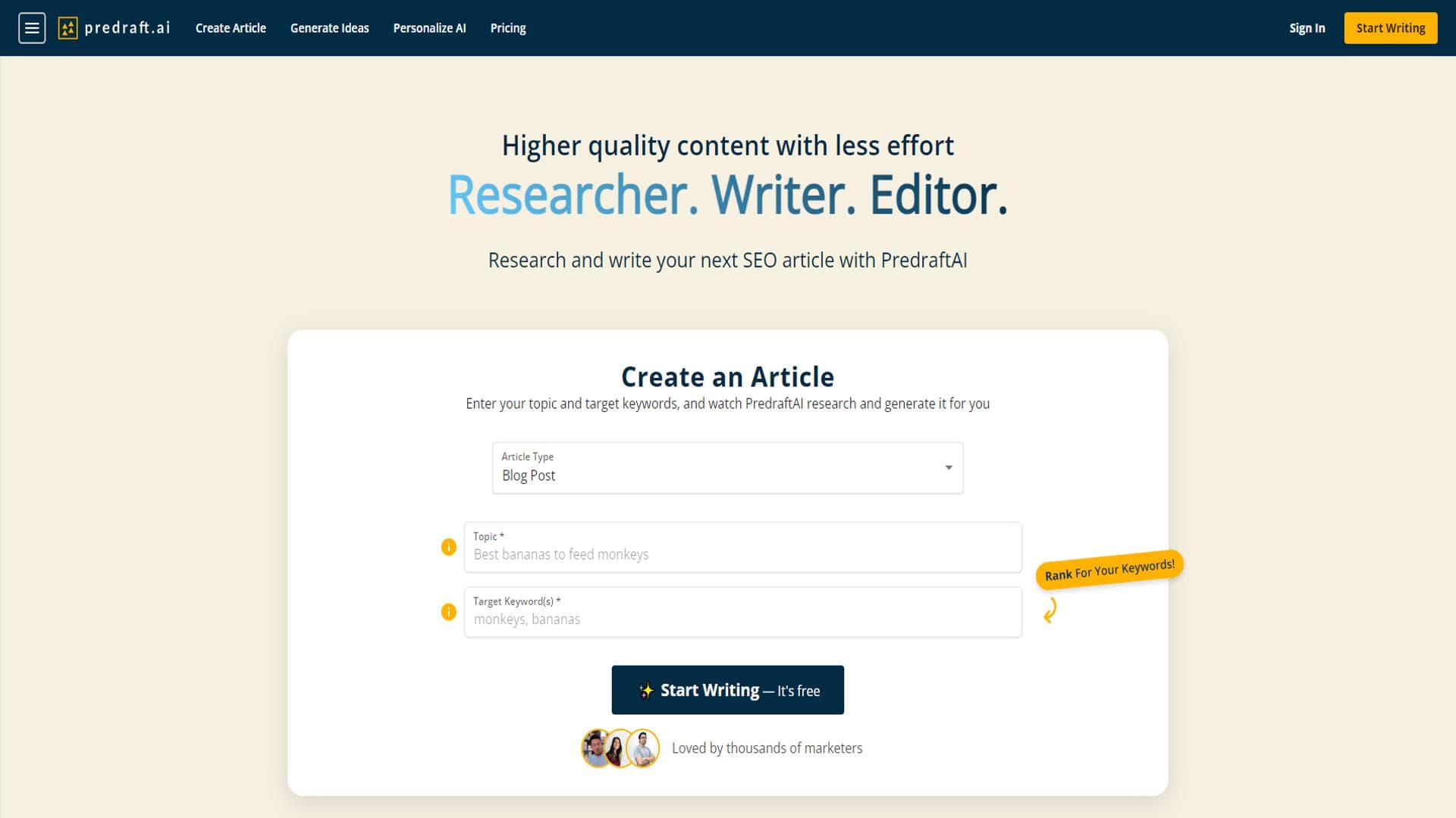 predraft.ai | 1-click SEO Researcher & Writer | Free Forever