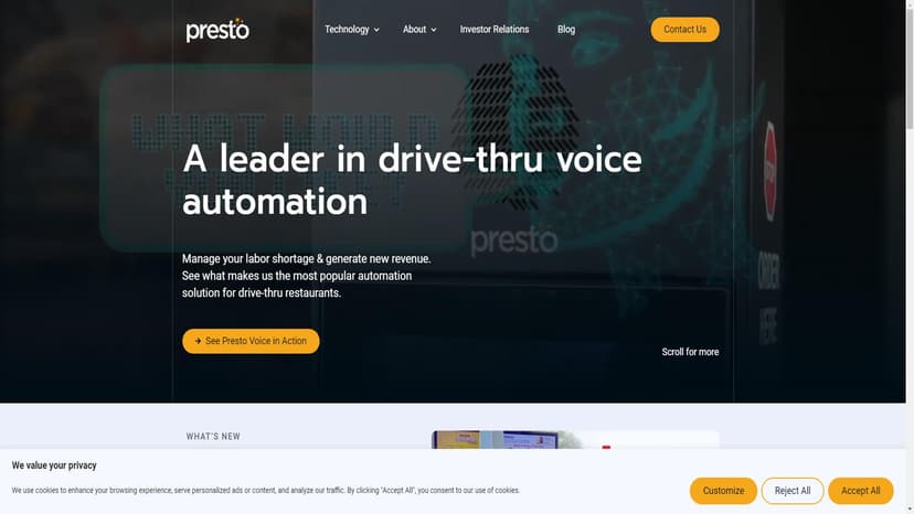 Presto Voice™ - Presto Voice™ 是一款基于人工智能的自动化工具，专为快餐店提供高效的服务。通过引入智能语音助手，可以加速订单处理、优化工作流程，并提升员工生产力和客户满意度。