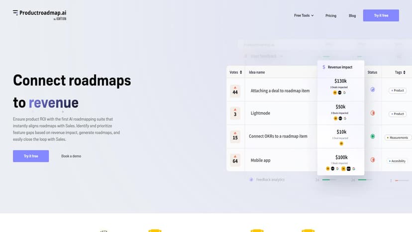 Product Roadmap - 通过AI路线图套件确保产品投资回报率，即时对齐销售。