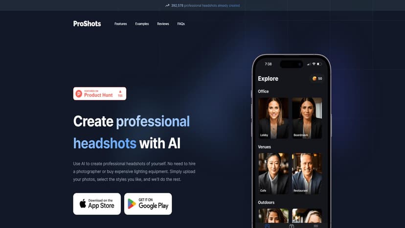 ProShots - ProShots利用AI技术，根据用户选择的地点、姿势和服装生成逼真的专业头像。