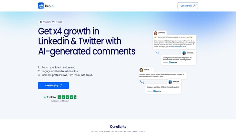 Replai.so - Replai.so利用AI技术，一键生成适用于Twitter和LinkedIn的评论，提升社交互动效率。