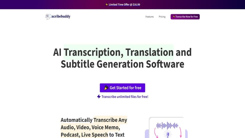 ScribeBuddy - 使用免费的AI转录和字幕软件，轻松将音频和视频转换为文本。获得准确、快速的文字记录和字幕，以满足任何项目需求。
