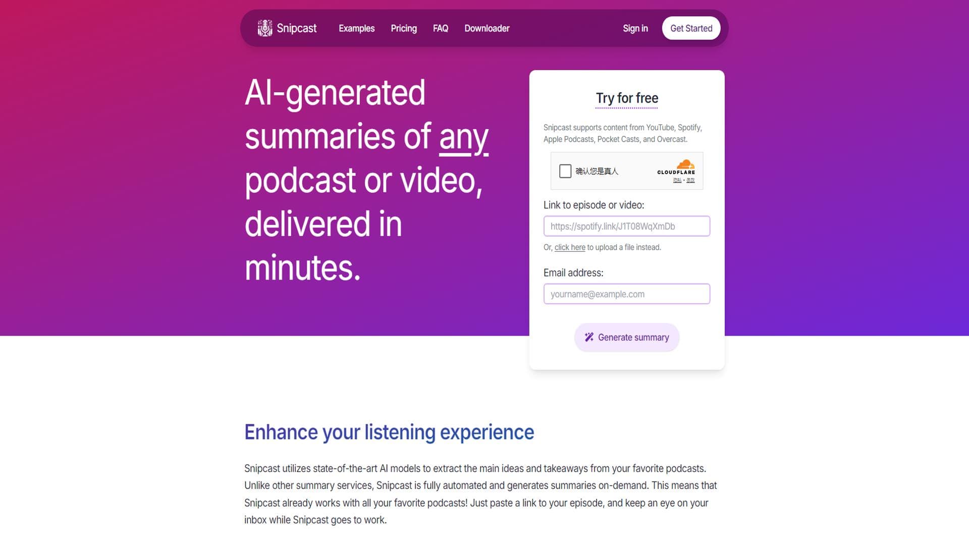 Snipcast.io â AI生成的播客摘要
