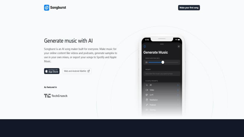 Songburst - Songburst是一款AI音乐生成器，可将文字转化为原创音乐，适用于各种内容创作。