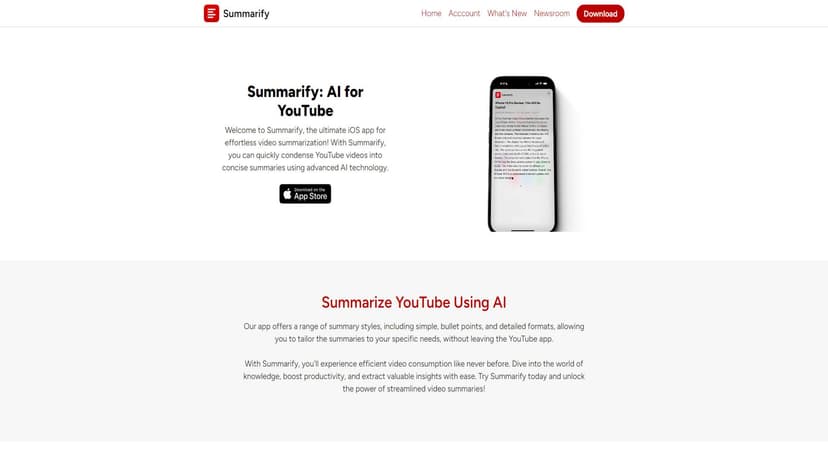 Summarify AI For YouTube Powered By ChatGPT - Summarify AI为YouTube视频提供了基于ChatGPT的摘要工具，帮助用户快速生成有价值和易于理解的视频内容摘要。