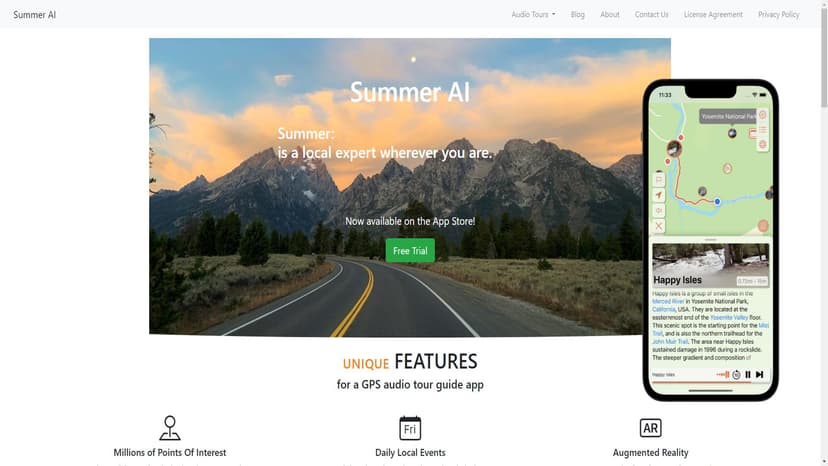 Summer AI - Summer AI是一款AI自助音频导游应用，提供附近故事、景点和本地活动的介绍。