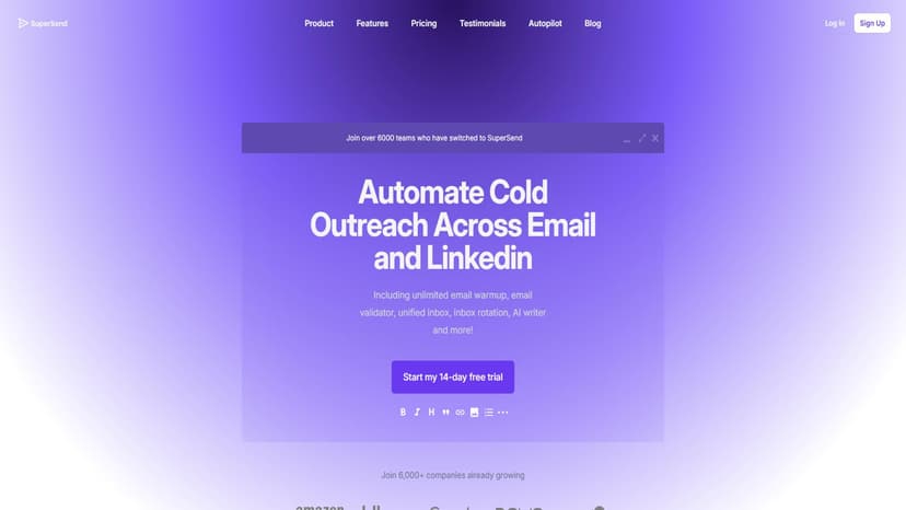 Super Send - 超级发送是一款功能强大的冷邮件营销工具，支持在 LinkedIn、Twitter 和电子邮件平台上自动发起联系。它集成了无限的邮箱预热、验证器、一致的收件箱、旋转收件箱、AI 写手等多种功能，让你轻松实现高效的自动化营销。