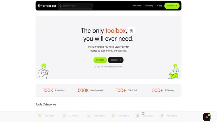 TheToolBus.ai - TheToolBus.ai是一个集成了强大的PDF工具、计算器、转换器、AI写作助手和目录的免费在线工具平台，提供了无需订阅即可使用的服务。