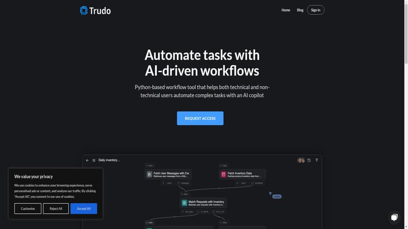 Trudo AI - Trudo AI是一个无需DevOps即可快速构建、自动化和扩展复杂Python工作流程的工具。