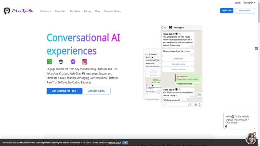VirtualSpirits Chatbot - VirtualSpirits Chatbot是一款集成在网站、WhatsApp和Facebook Messenger中的全自动支持平台，通过智能对话机器人，为您提供无休止的客户支持与服务。