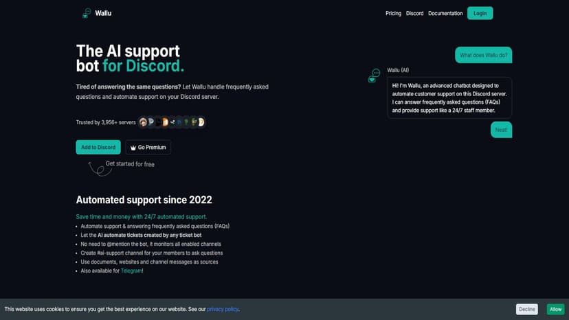 Wallu - Wallu是一款功能强大的Discord AI支持机器人，可以自动回答频繁提问并提供24小时服务，帮助您节省时间和金钱。